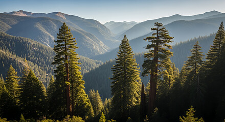 A scenic view of a mountain range covered in trees with tall pines in the foreground on a sunny day