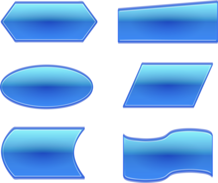 A set of six glossy blue buttons and banners in various geometric and abstract shapes for web design.