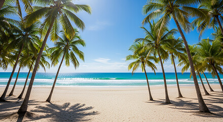 Obraz premium A tropical beach with palm trees and turquoise water under a clear blue sky on a sunny day scene