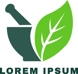 Mortar and pestle with green leaf, representing natural medicine and pharmacy