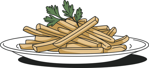 Hand drawn illustration of golden french fries served on a white plate with parsley garnish