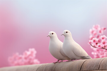 Fototapeta premium Two white doves sitting close together with pink blossoms background, symbol of love, peace and harmony, soft pastel atmosphere, perfect for romantic and wedding concepts.