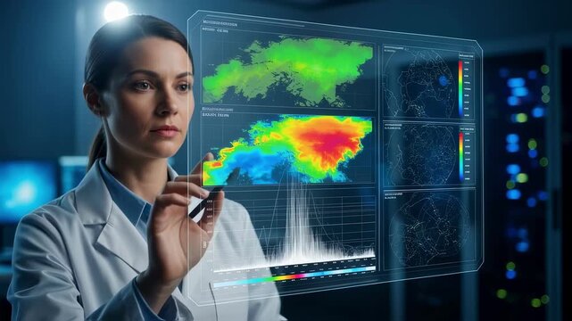 Medium shot of a scientist interpreting multimodal satellite analytics integrating NDVI thermal and hyperspectral data for comprehensive ecosystem monitoring