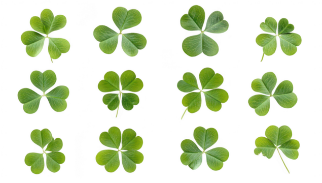 A collection of green clover leaves arranged in a grid pattern on a white background. their unique shapes and textures. ideal for nature-themed projects or designs