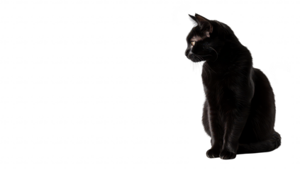 A sleek black cat sitting gracefully against a plain white background. its elegant posture and glossy fur. perfect for pet-related content or animal photography