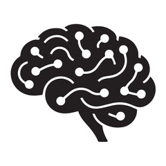 Stylized black silhouette of a human brain with glowing nodes and connecting lines, isolated on a white background technology background