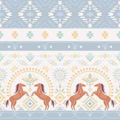 Ethnic seamless pattern with geometric Aztec ornament and horses. American Southwest, Navajo print.
