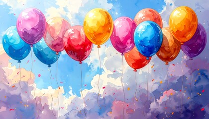 Colorful balloons in a cloudy sky