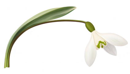 A delicate snowdrop flower with a green caterpillar nestled within its petals. set against a soft white background. symbolizing the arrival of spring and the beauty of nature