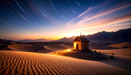 Desert Chapel at Dusk with Star Trails and Mountain Backdrop