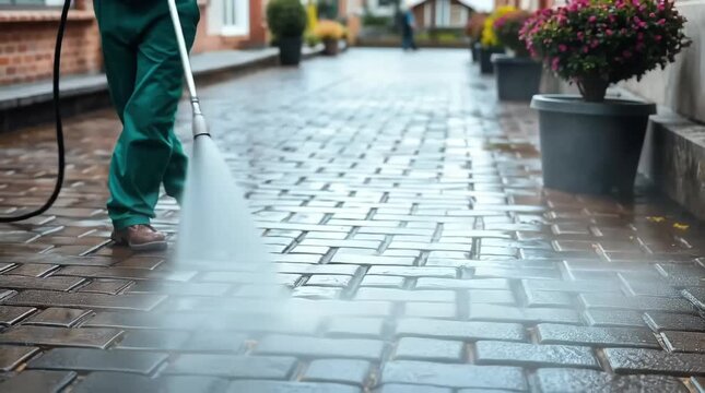 Power washing warden cobble stone paths. Outdoor cleaning using pressure washer.