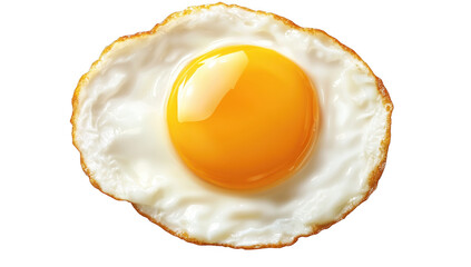 A perfectly cooked fried egg with a bright yellow yolk and crispy edges. placed on a clean white background. ideal for culinary presentations or food-related content