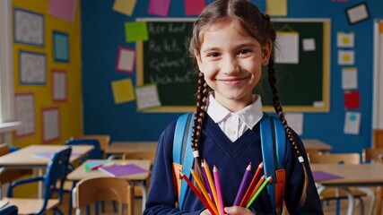 Young Caucasian girl with two braided pigtails standing in classroom holding colored pencils. schoolgirl is wearing dark blue sweater and backpack. School education, back to school, knowledge day. - Powered by Adobe