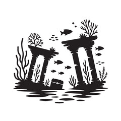 Underwater ruins of ancient columns with fish swimming around, a treasure chest nearby, isolated on white background technology background