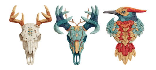 Artistic Animal Skull and Bird Illustrations with Intricate Details and Colors