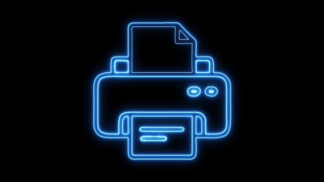 A glowing blue neon printer icon with a document, representing digital printing and office technology on a black background