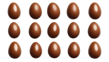 A visually appealing arrangement of glossy brown chocolate eggs on a clean white background. perfect for seasonal celebrations. baking. or confectionery marketing
