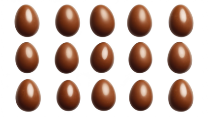 A visually appealing arrangement of glossy brown chocolate eggs on a clean white background. perfect for seasonal celebrations. baking. or confectionery marketing