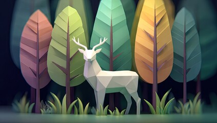A whimsical forest scene features a polygonal deer, surrounded by stylized trees with vibrant, geometric leaves, creating a low-poly, vibrant, and nature-inspired artwork.