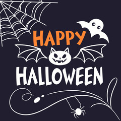 Happy Halloween Typography with Pumpkin and Cat Eyes