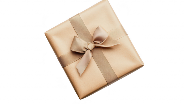 A beautifully wrapped gift box in a soft gold color. elegantly tied with a ribbon. placed on a clean white surface. creating a festive atmosphere perfect for celebrations and special occasions