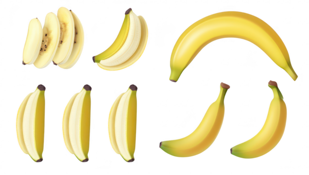 A assortment of bananas various stages of ripeness. arranged artistically on a clean white background. ideal for food-related content and healthy lifestyle themes