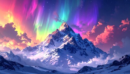 Vibrant Aurora Borealis Illuminates a Majestic Snow-Capped Mountain, Creating an Ethereal Winter Wonderland Under a Kaleidoscope of Celestial Hues and Cloud-Kissed Peaks