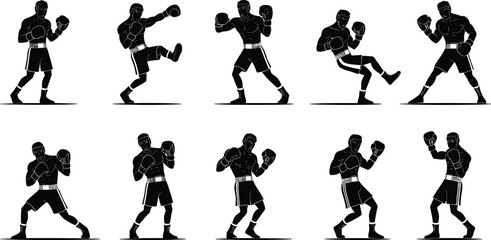 Boxing silhouette vector set, fighter training poses, martial arts stance illustrations, sports combat graphics, workout icons for fitness and design