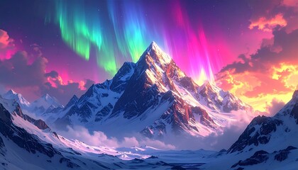 Majestic snow-capped mountains under a vibrant aurora borealis display, a breathtaking natural wonder