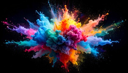 Dynamic burst of rainbow-colored powder, an abstract explosion of vibrant pigments against a dark background, showcasing a captivating splash of creative energy