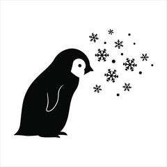 Cute silhouette penguin blowing snowflakes winter cold weather animal character graphic design