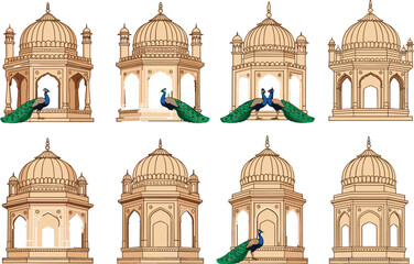 Chhatri pavilion illustrations—ornate domes, arches, peacocks, heritage architecture—Indian vector artwork, tradition, elegance, culture, symmetry, design, symbolism