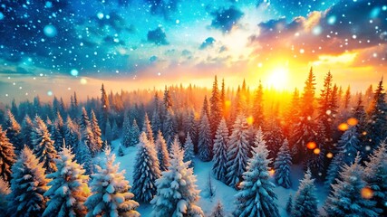 Magical Winter Sunrise: Snow-Covered Pine Forest, Aerial View, Dramatic Golden Hour Light, Falling Snow, Festive Holiday Atmosphere, Serene and Peaceful Mood, Perfect for Winter Wonderland Themes.