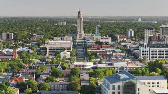 Aerial view of the nebraska state capitol building in lincoln, nebraska