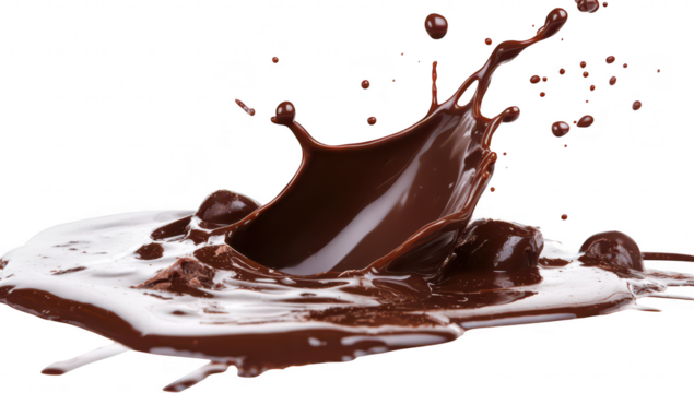A dynamic splash of rich. dark chocolate against a pristine white background. capturing the essence of indulgence and culinary creativity. ideal for dessert recipes or food-related content