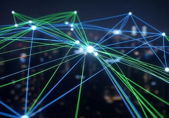 Abstract digital network connections glowing blue and green lights futuristic technology concept.