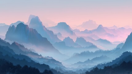 a mountain landscape with misty peaks, a sunrise, copy space for text
