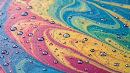Dynamic marble-style abstract art with rainbow swirls and water droplet textures, perfect for wallpapers and creative design.
