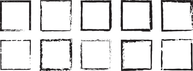 Black and white square frames in grunge style featuring rough edges, scratch textures, vintage borders, rustic strokes, and artistic distressed outlines.