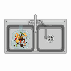 Double Kitchen Sink with Garbage Disposal and Running Water Over Food Scraps