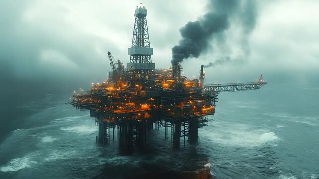 Industrial Offshore Oil Rig Platform in a Stormy Ocean.