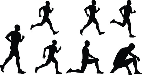 Running silhouette athlete jogging, sprinting, walking, kneeling, sitting rest, fitness lifestyle, exercise training, sport activity, body movement, vector illustration design