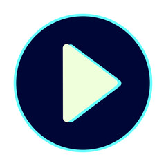 A futuristic play button icon featuring a light-colored triangle (the play symbol) centered within a solid dark navy blue circle. The icon has a brilliant glowing light-blue outline
