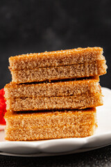 Biscuit cake portion filling jam sweet dessert cake natural product tasty snack fresh delicious gourmet food background on the table rustic top view copy space
