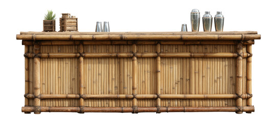 Bamboo Bar Counter with Shakers and Bottles on a Transparent Background