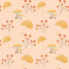 Seamless Autumn Pattern with Mushrooms, Ginkgo Leaves, and Red Berries