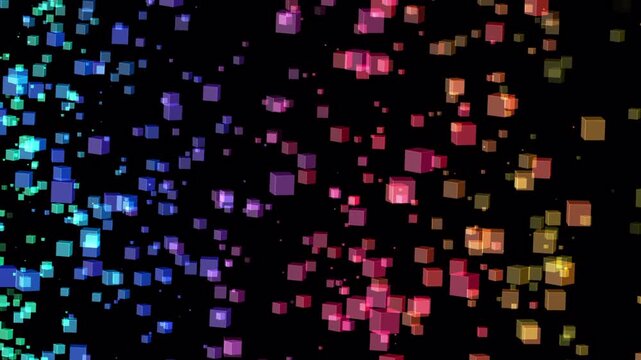 Pixelated rainbow cubes overlay on black. Suitable for abstract backgrounds, modern designs, digital art projects, and tech presentations.