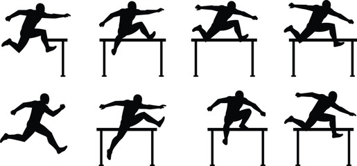 Silhouette of athletes running and jumping hurdles in track and field competition, vector illustration for sports design, training, race concept