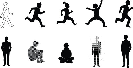 Running walking sitting standing silhouette vector set, human poses icons, exercise activity illustrations, meditation yoga clipart, fitness lifestyle graphics