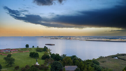 Aerial shot of the Patapsco River at Fort McHenry National Monument in Baltimore Maryland USA